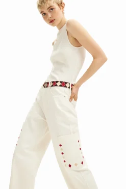 Jeans|Calças<Desigual Calça jeans cropped com bordas em losangos.