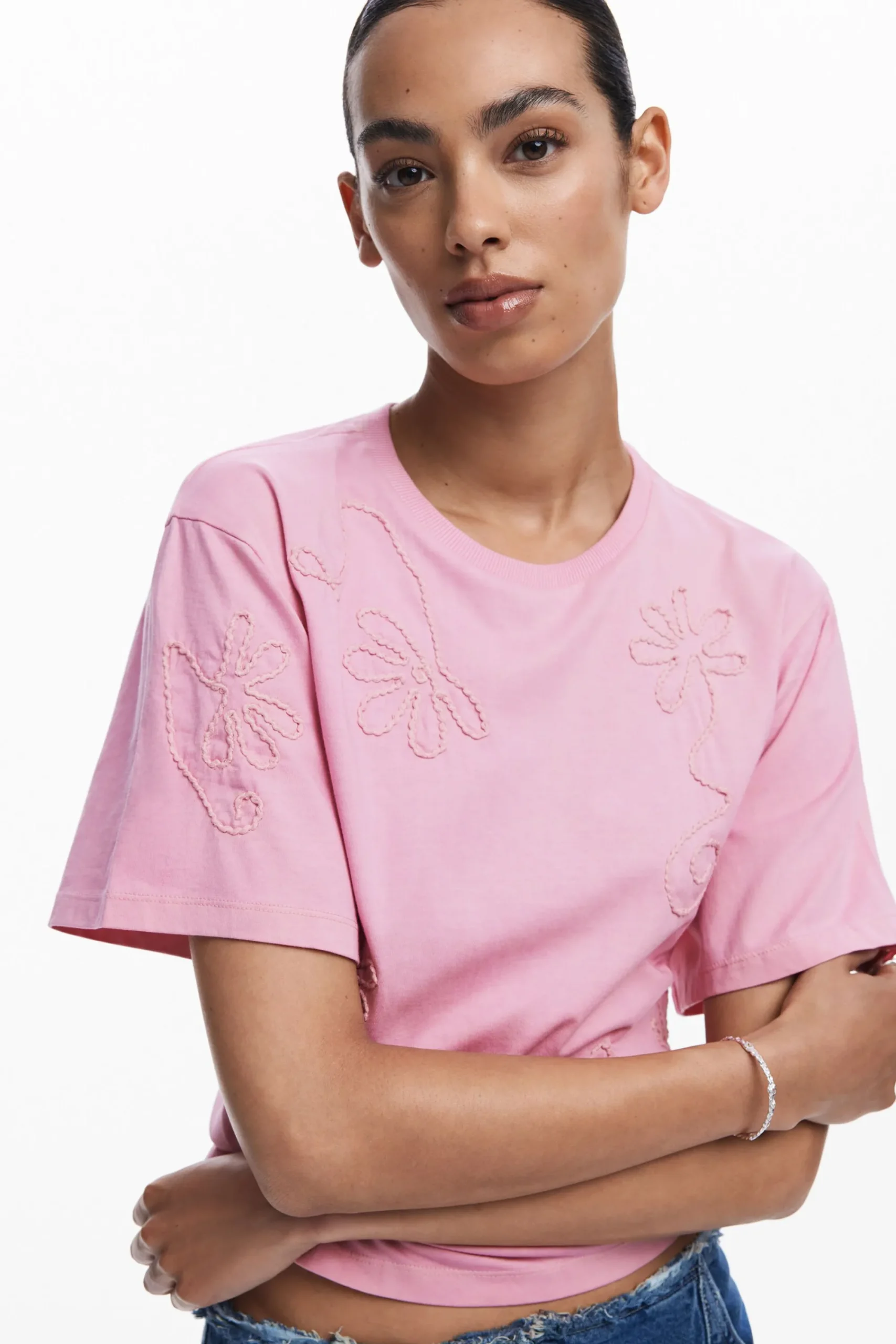Camisas E Blusas|T-shirts<Desigual Camiseta com flores bordadas