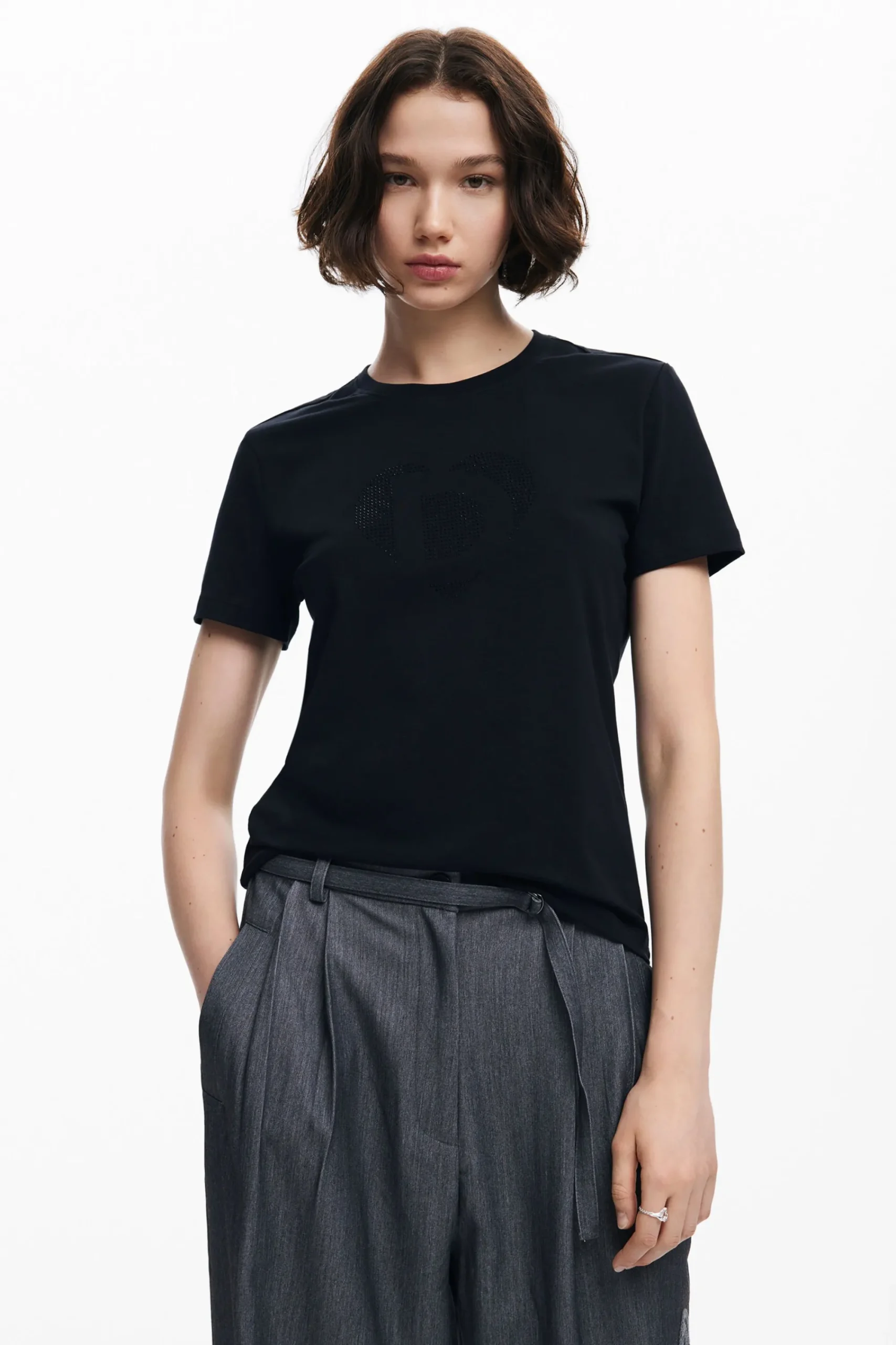 Camisas E Blusas|T-shirts<Desigual Camiseta com imagotipo em strass