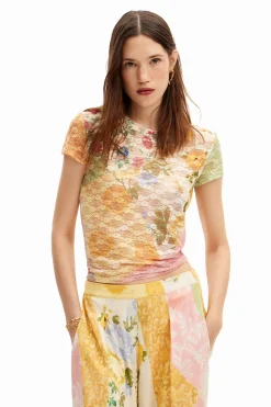 Camisas E Blusas|T-shirts<Desigual Camiseta de renda fores