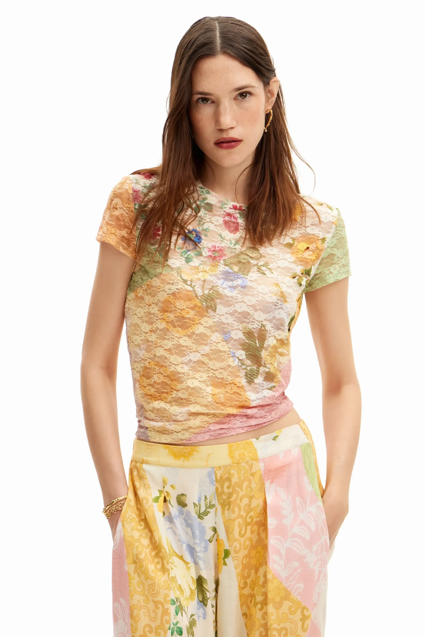 Camisas E Blusas|T-shirts<Desigual Camiseta de renda fores