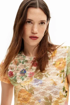 Camisas E Blusas|T-shirts<Desigual Camiseta de renda fores