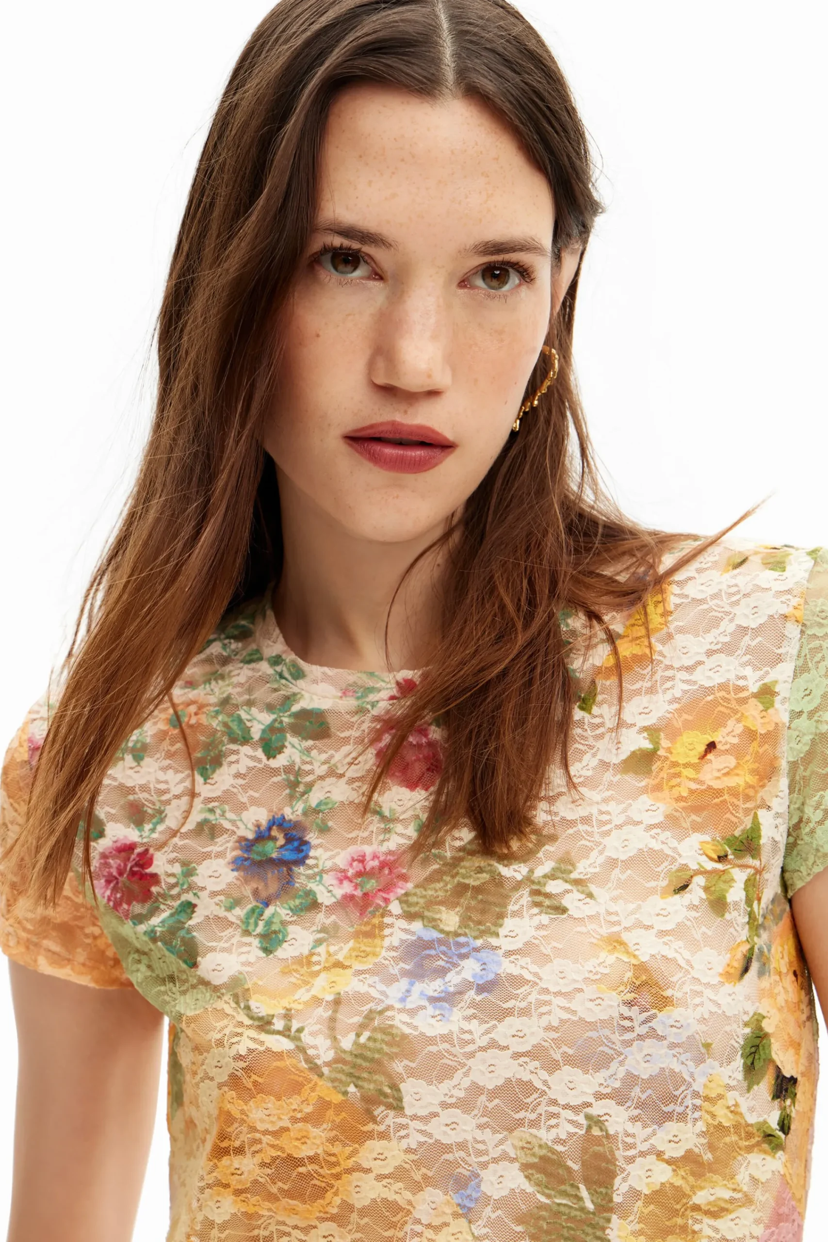 Camisas E Blusas|T-shirts<Desigual Camiseta de renda fores