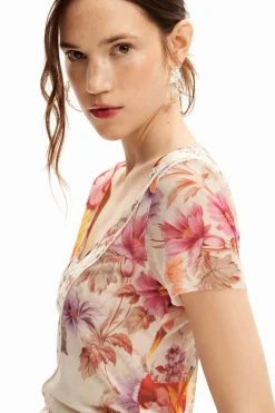 Camisas E Blusas|T-shirts<Desigual Camiseta de tul com flores