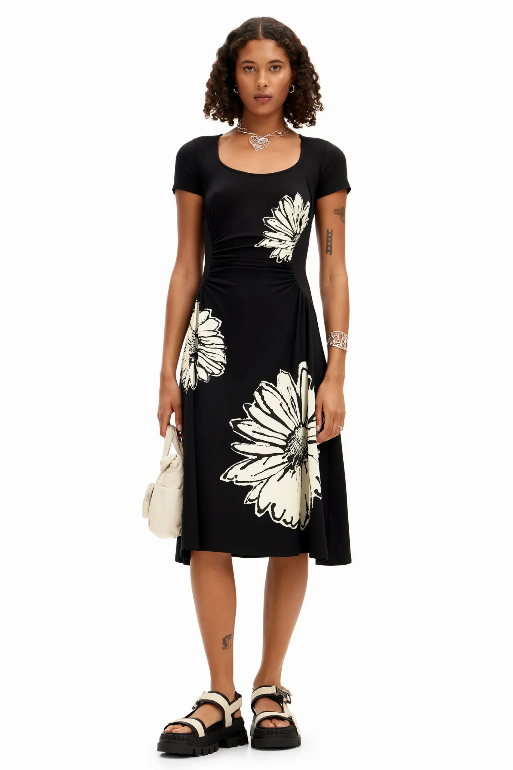 Vestidos E Macacões<Desigual Vestido midi de manga curta com decote e margaridas.